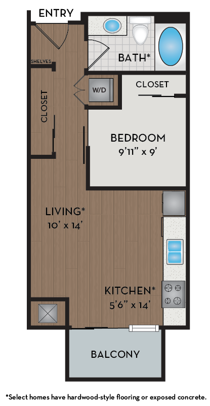 Floor plan for studio, 1 bath, 532 sqft